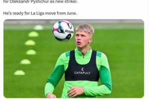 罗马诺：赫罗纳将以100万欧签下21岁乌克兰前锋皮什丘尔