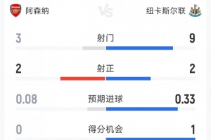阿森纳1-0纽卡半场数据：射门3-9，射正2-2，得分机会0-1